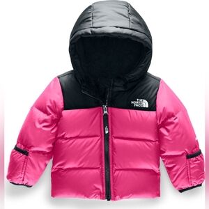 THE NORTH FACE 550 DOWN JACKET HOOD FOLDOVER MITTS INFANT PINK BLACK 0-3 MONTHS